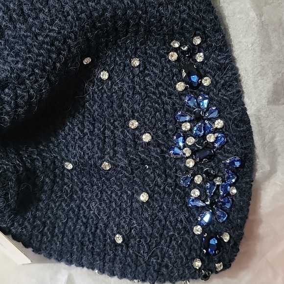 NWT Echo Fur Pom Pom Embellished Beanie Navy Rhinestone Crystals Alpaca Wool main image 6